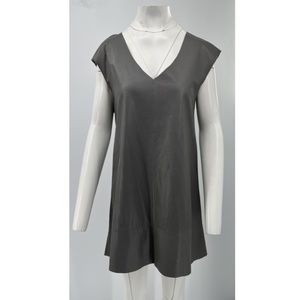 DROMe Gray Genuine Leather Cap-Sleeve V-Neck Shift Dress sz L